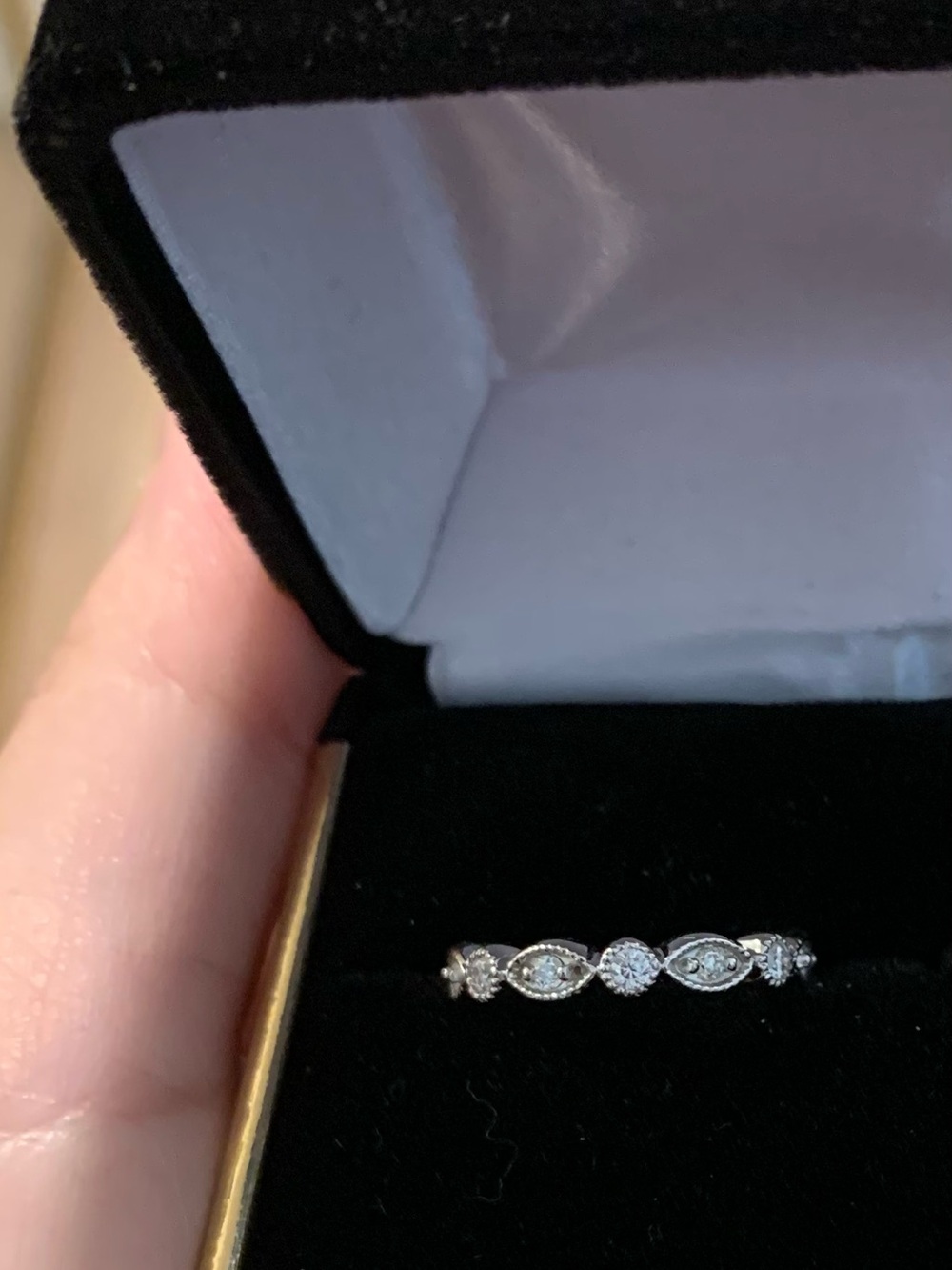 Art Deco Moissanite Wedding Band 14K White Gold Milgrain Marquise Dot Ring 5.25